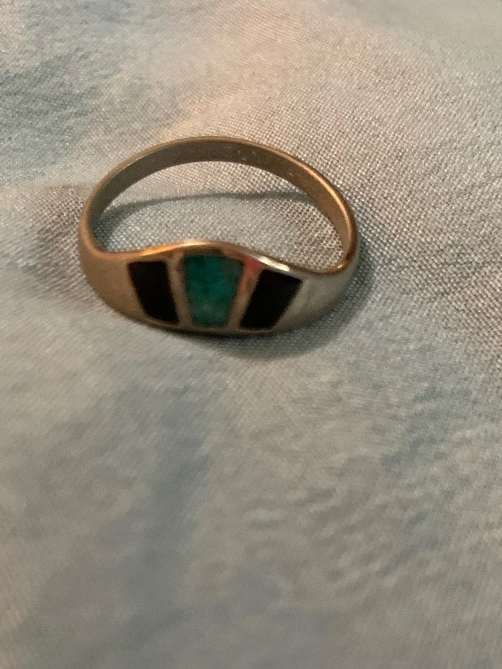 Vintage COP Silver-Tone Ring with Inlaid Faux Turquoise and Onyx Stones